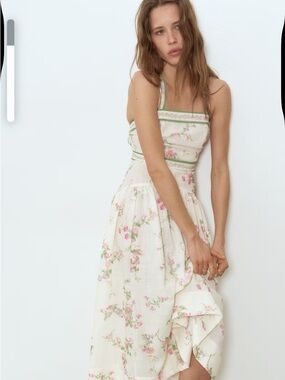 Viral H&M tie-detail Cream Maxi Dress with Pink Floral Print and Green Trim